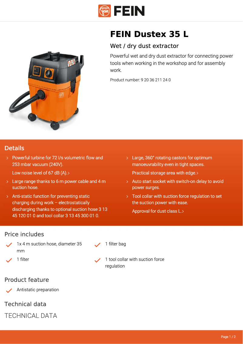 Page 1 de la notice Fiche technique Fein Dustex 35 L