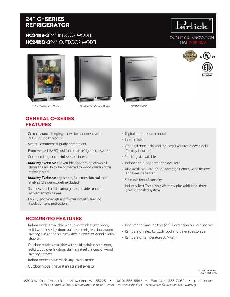 Página 1 del manual Ficha técnica Perlick HC24RB-3-3R