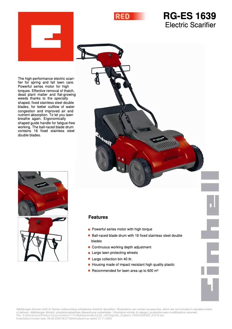 Page n°1 - Fiche technique Einhell RG-ES 1639