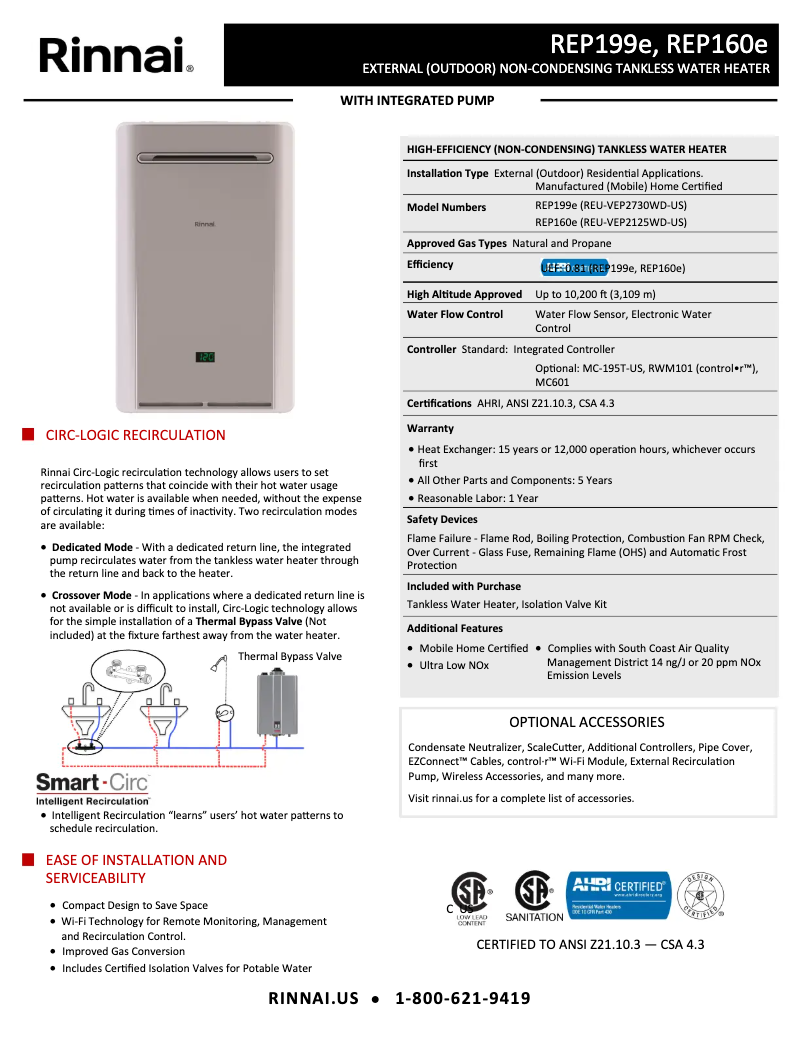Página 1 del manual Ficha técnica Rinnai REP160eN