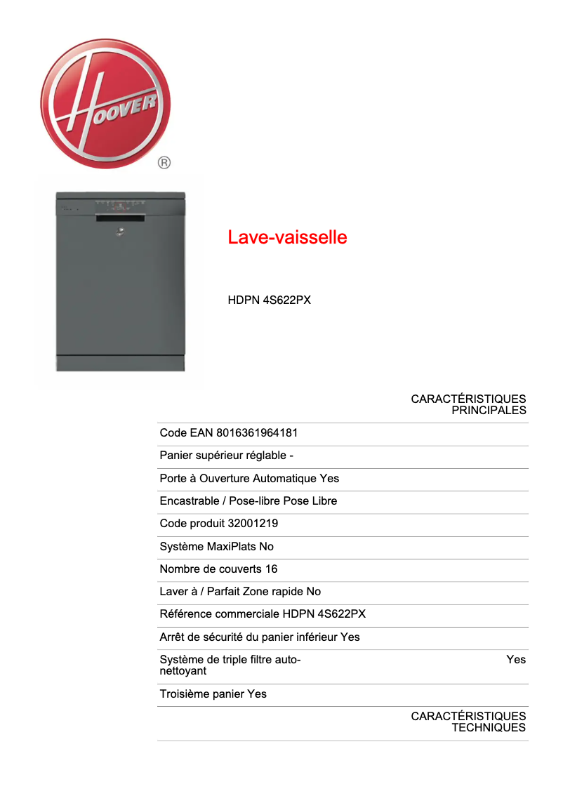 Page n°1 - Fiche technique Hoover HDPN 4S622PX-80