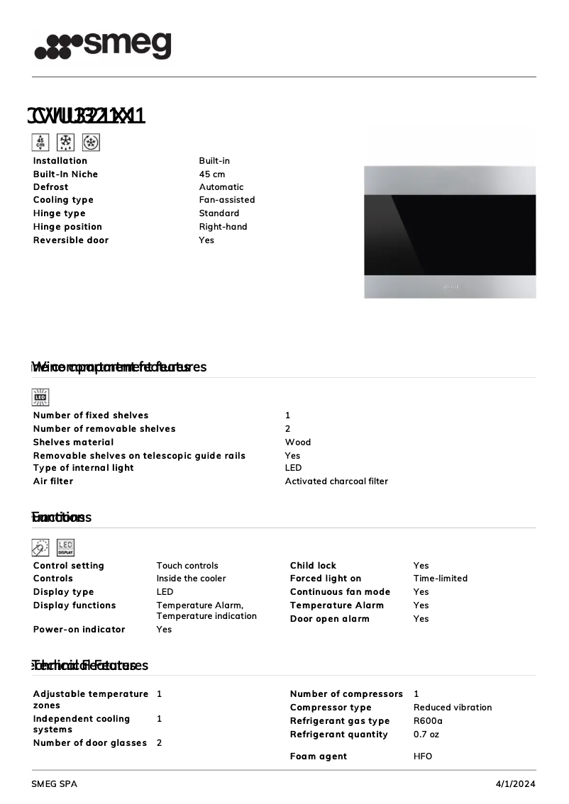 Page 1 de la notice Fiche technique Smeg CVIU321X1