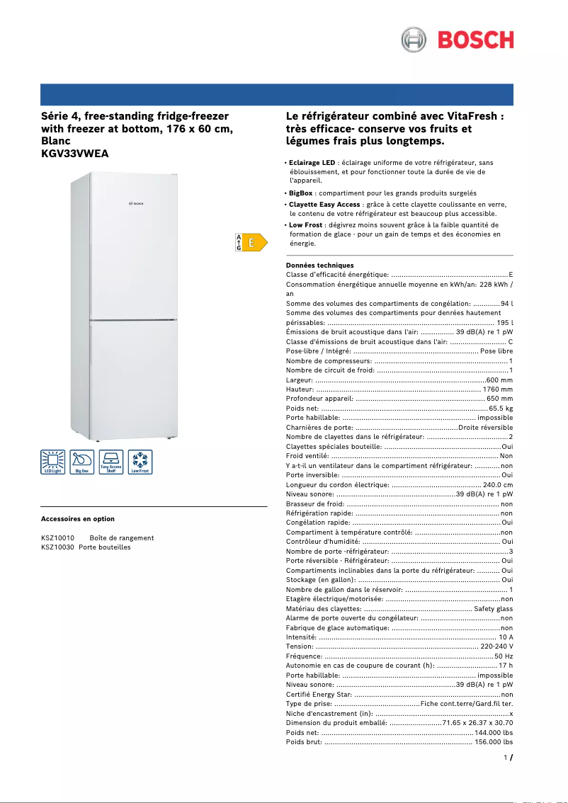 Page 1 de la notice Fiche technique Bosch KGV33VWEA