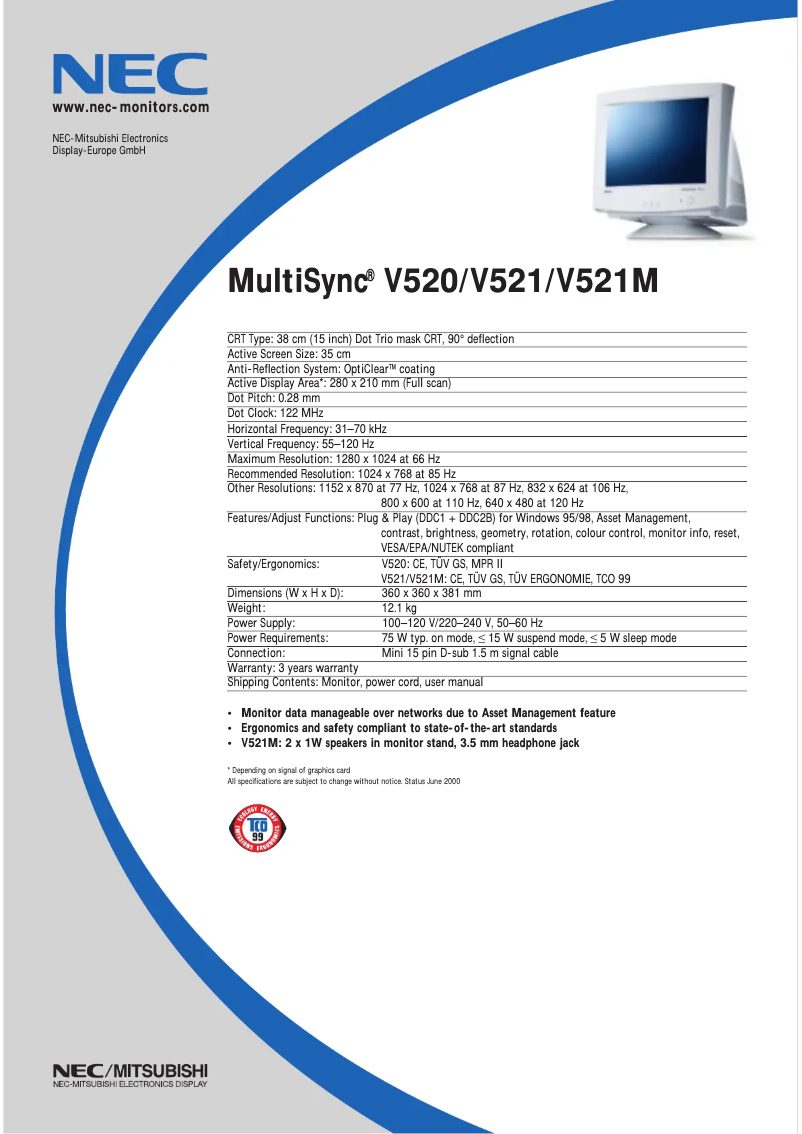 Página 1 del manual Ficha técnica NEC MultiSync V520