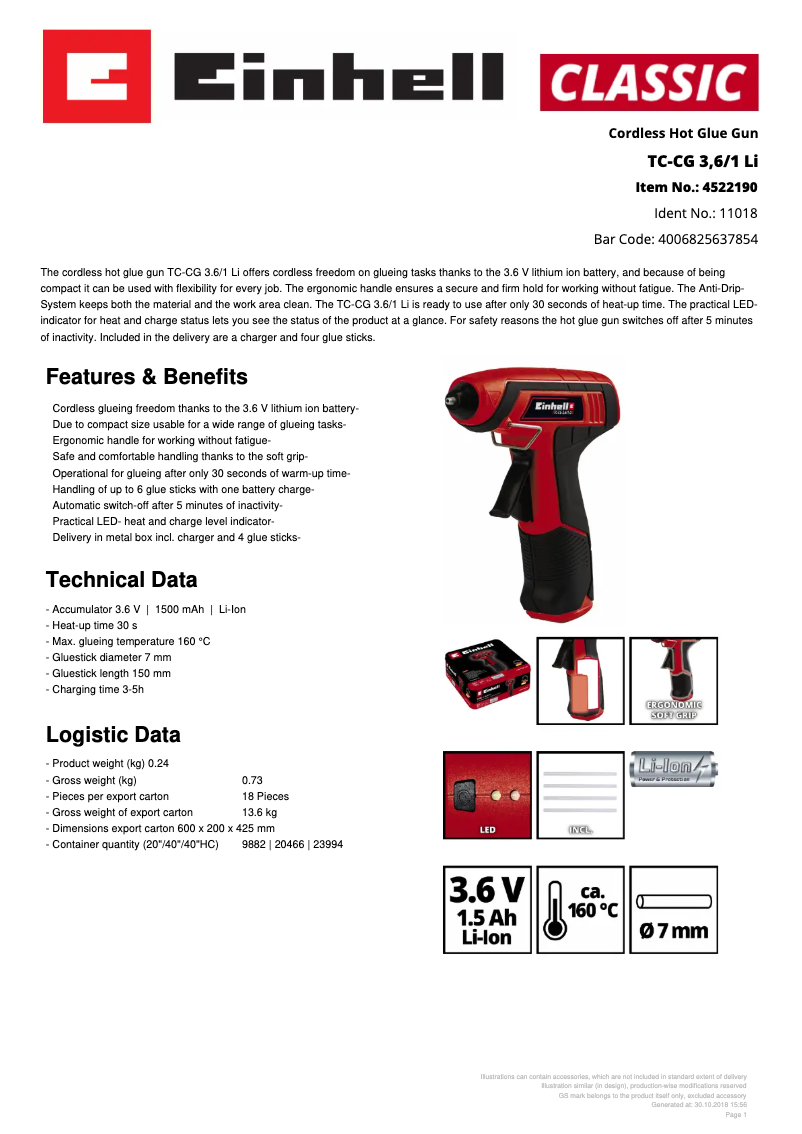 Page 1 de la notice Fiche technique Einhell TC-CG 3,6/1 Li