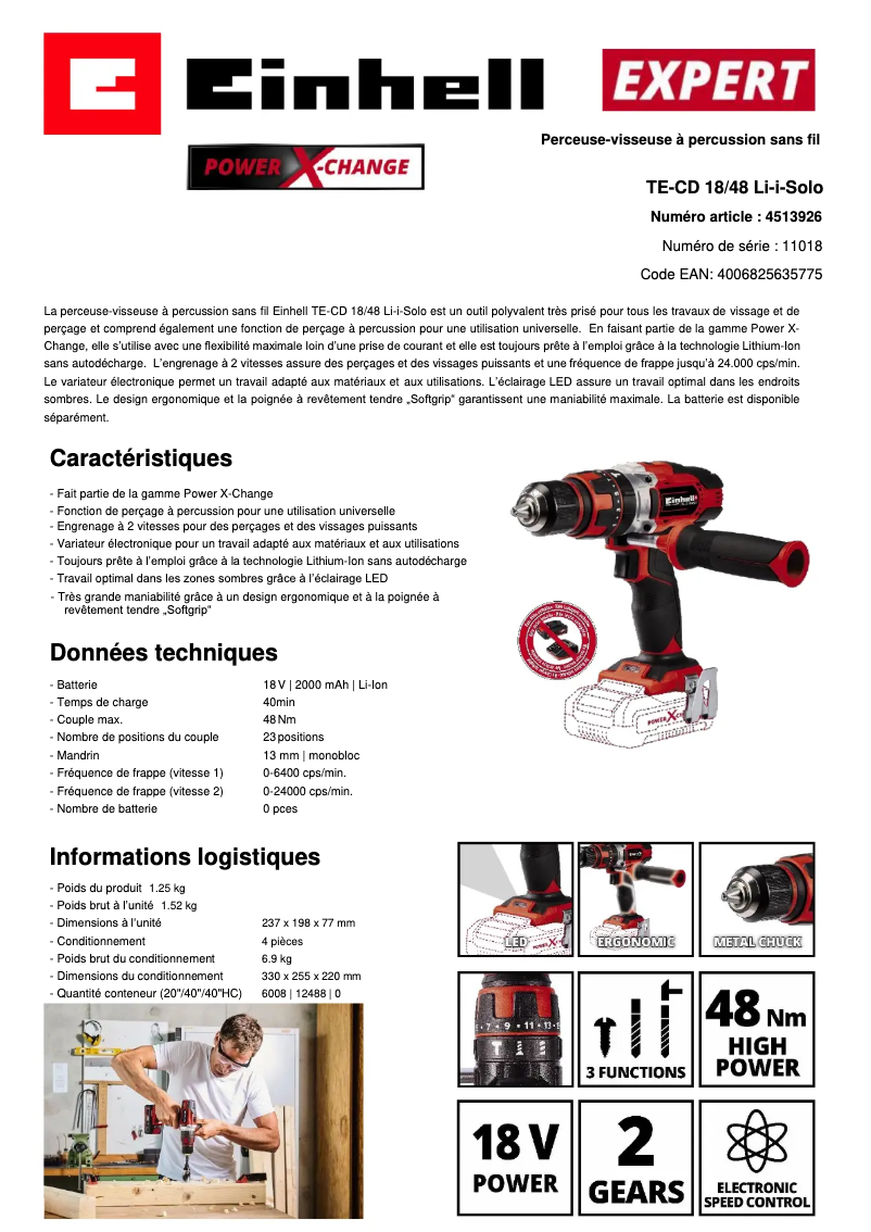 Página 1 del manual Ficha técnica Einhell TE-CD 18/48 Li-i