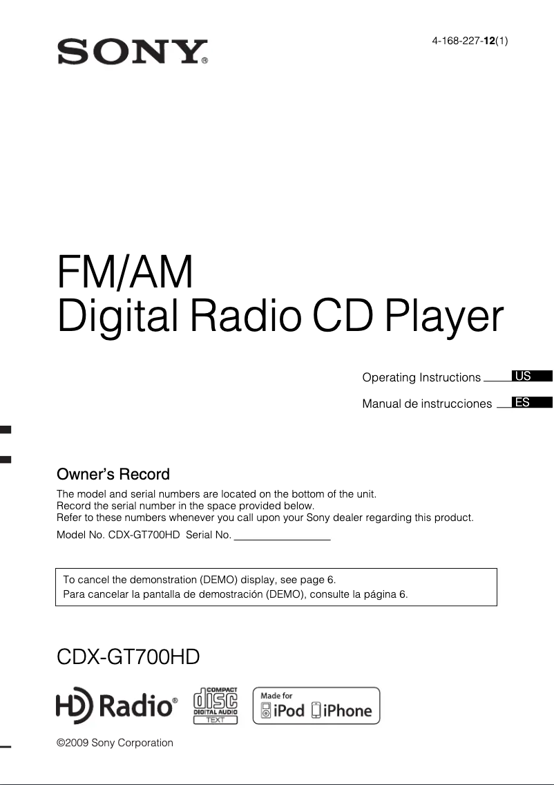 Page 1 de la notice Manuel utilisateur Sony CDX-GT700HD