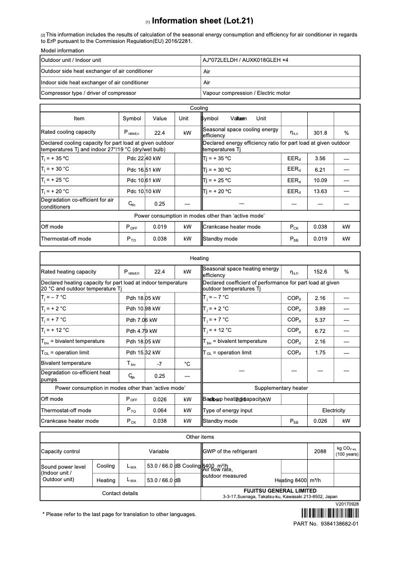Page 1 de la notice Fiche technique Fujitsu AIRSTAGE AJY072LELDH