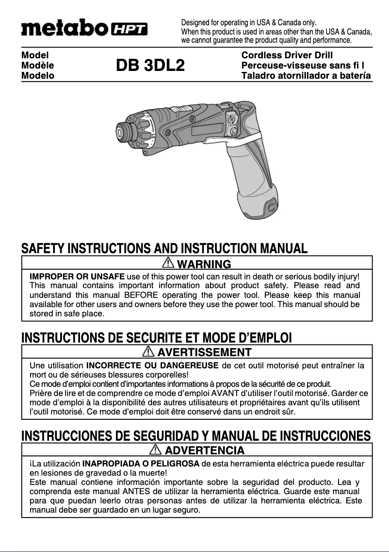 Page 1 de la notice Manuel utilisateur Metabo DB 3DL2