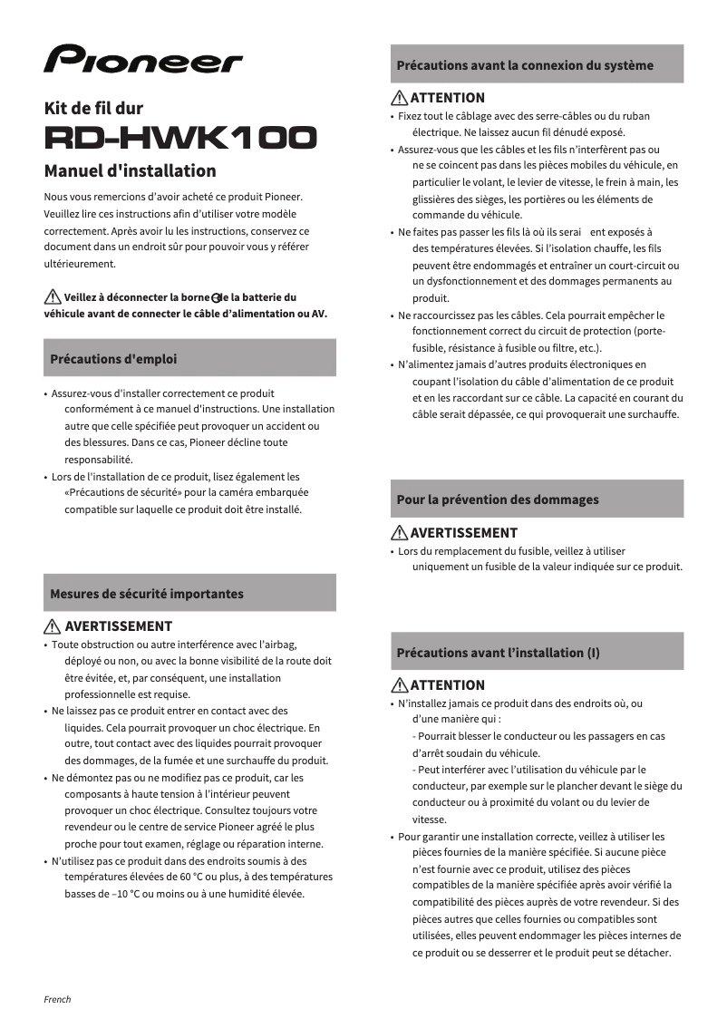 Page 1 de la notice Manuel utilisateur Pioneer RD-HWK100