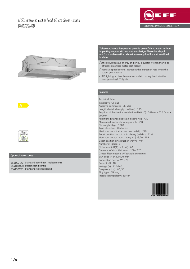 Page 1 de la notice Fiche technique Neff D46ED22N0B