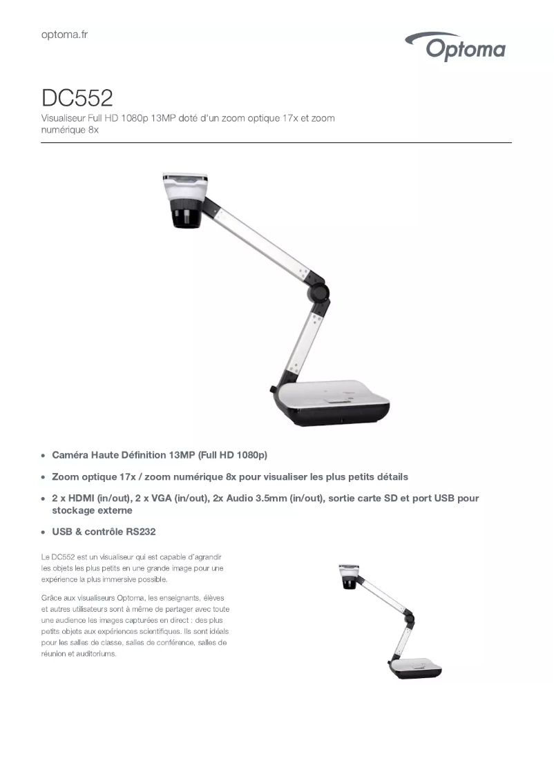 Page 1 de la notice Fiche technique Optoma DC552
