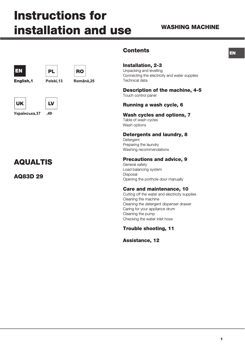 Page 1 de la notice Manuel utilisateur Hotpoint AQ83D 29 EU/B