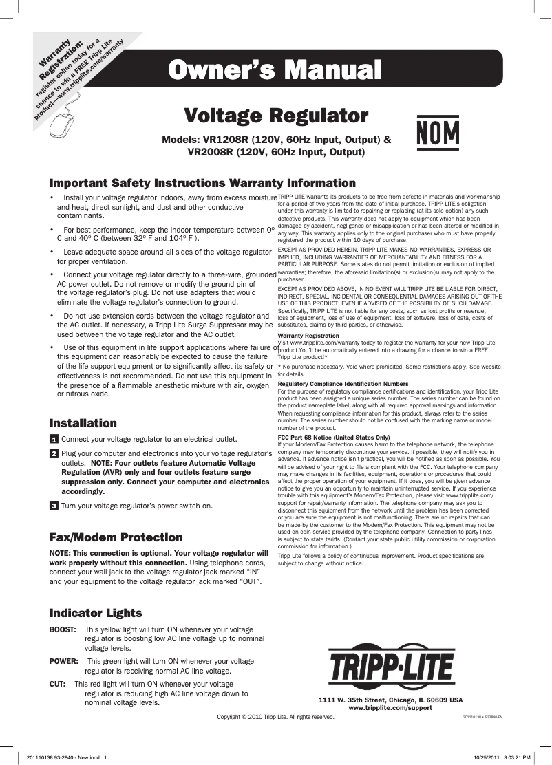 Page 1 de la notice Manuel utilisateur Tripp Lite VR2008R