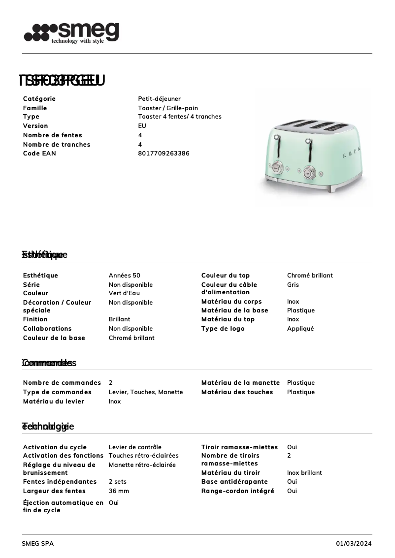 Page 1 de la notice Fiche technique Smeg TSF03