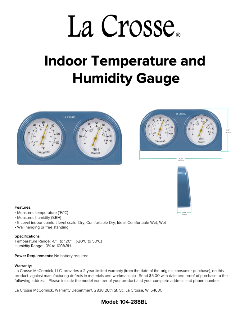 Page n°1 - Manuel utilisateur La Crosse Technology 104-288BL