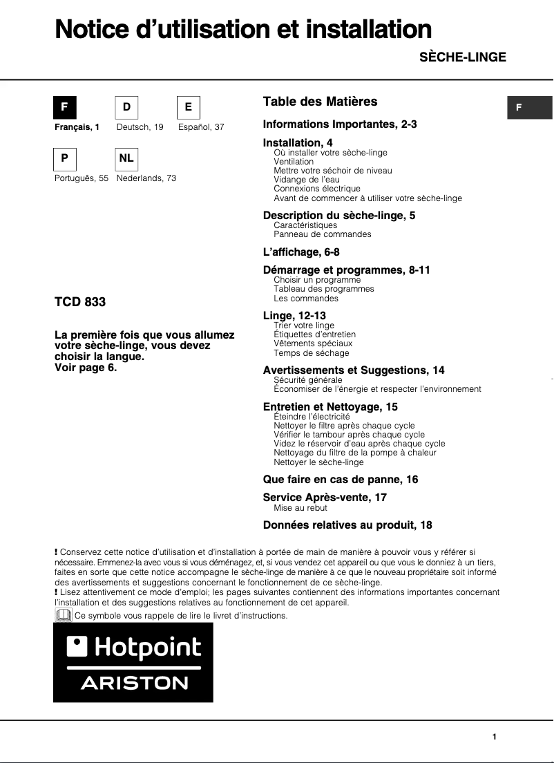 Page 1 de la notice Manuel utilisateur Hotpoint TCD 833