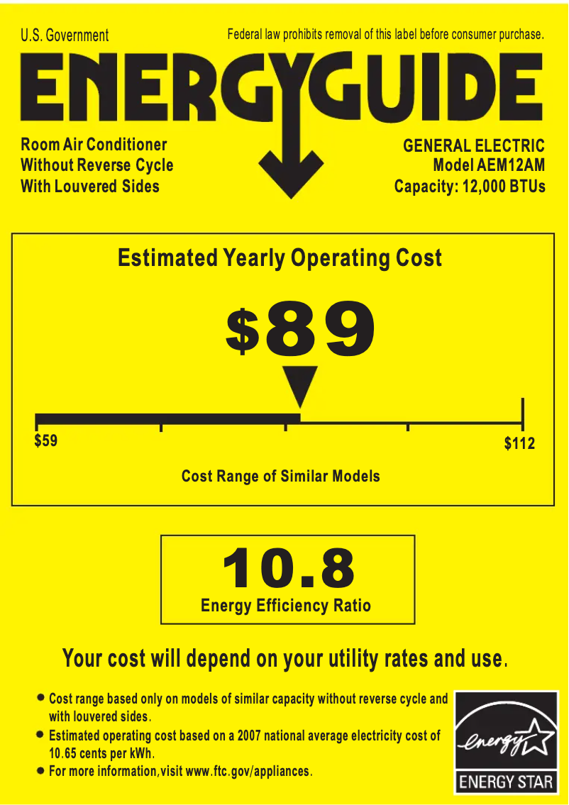 Page 1 de la notice Label énergétique GE AEM12AM