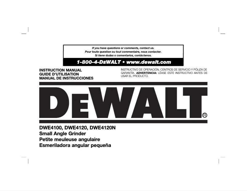 Page n°1 - Manuel d'utilisation et d'entretien DeWalt DWE4120