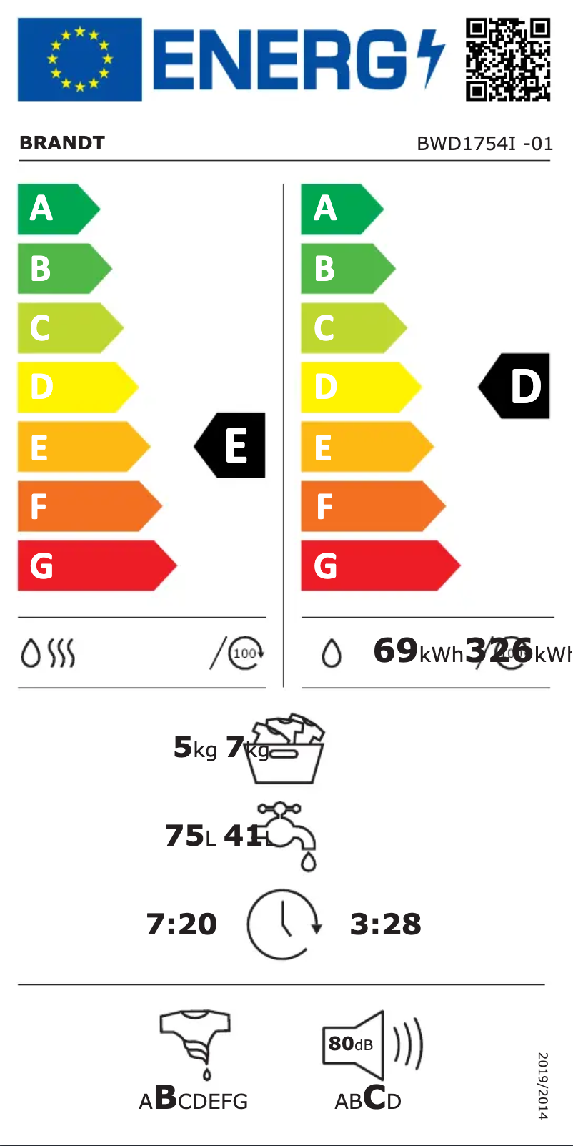 Page 1 de la notice Label énergétique Brandt BWD1754I