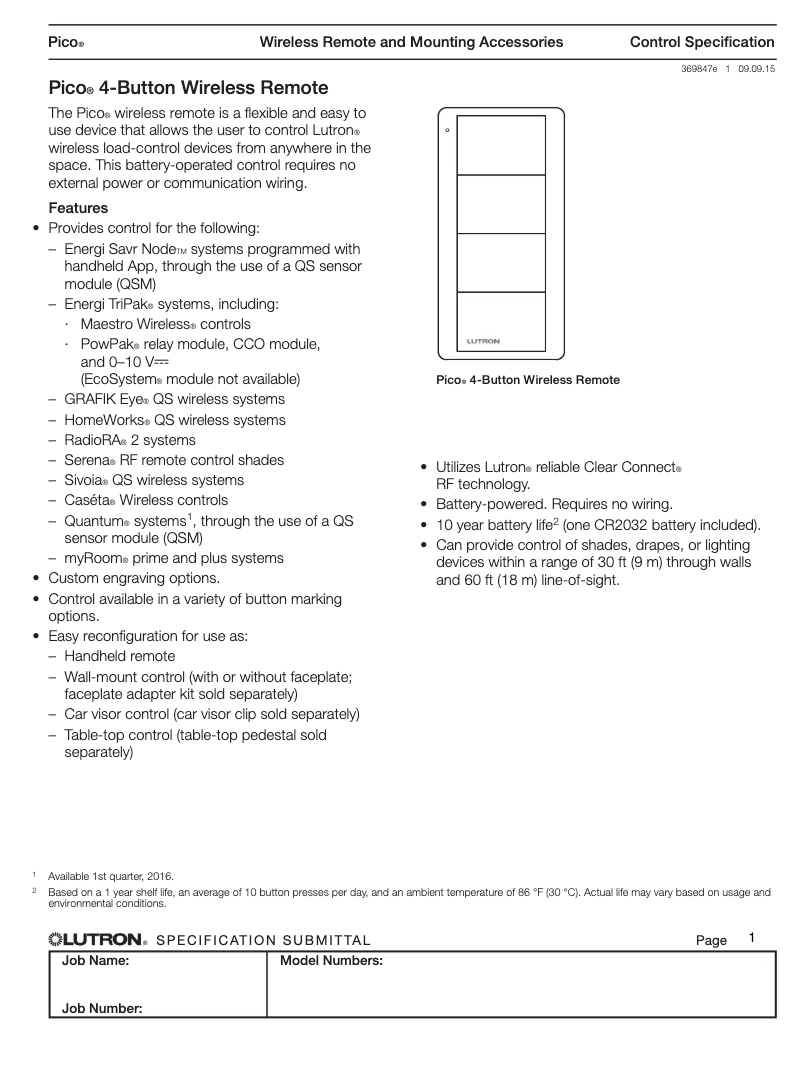 Page n°1 - Manuel utilisateur Lutron Pico