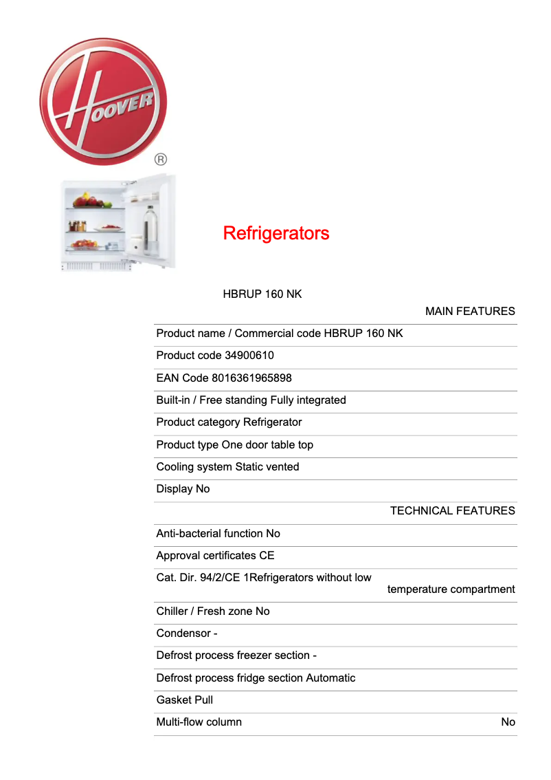 Page n°1 - Fiche technique Hoover HBRUP 160 NK