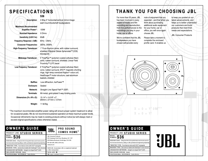 Page 1 de la notice Manuel utilisateur JBL Studio S36