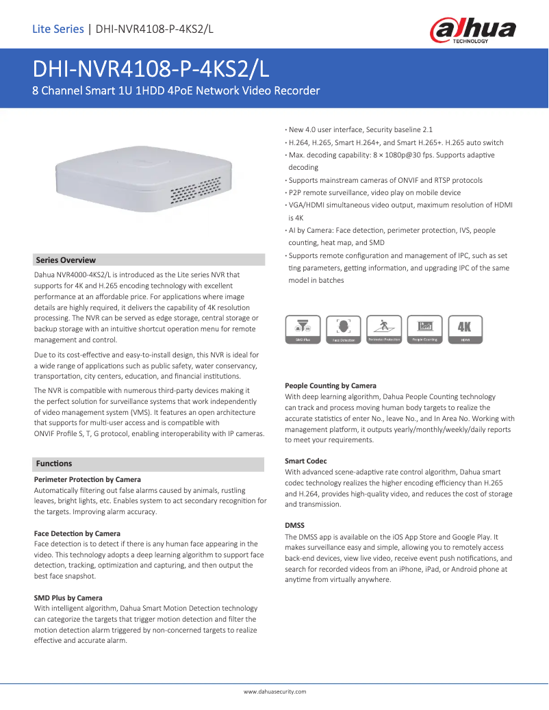 Page n°1 - Fiche technique Dahua Technology NVR4108-P-4KS2/L