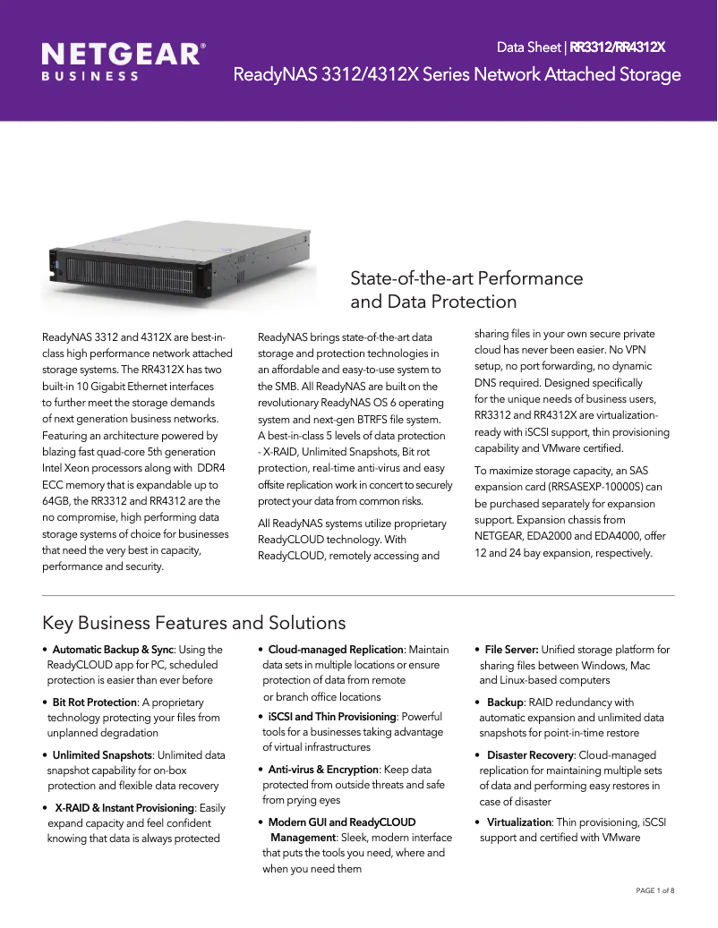 Page 1 de la notice Fiche technique Netgear ReadyNAS RR4312X