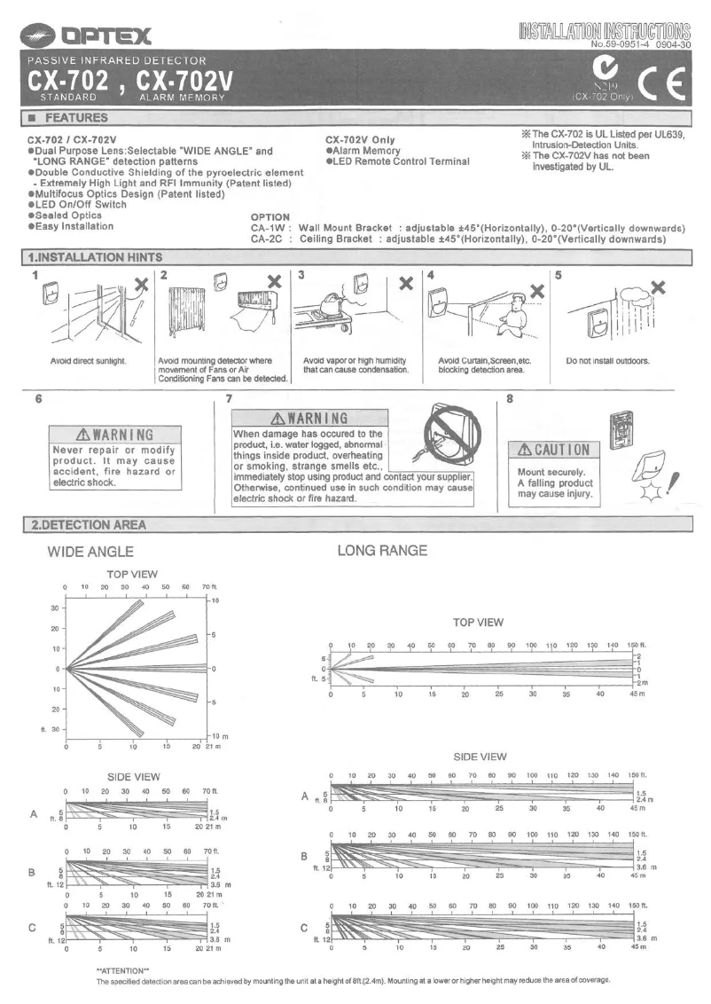Page 1 de la notice Manuel utilisateur Optex CX-702 MKII
