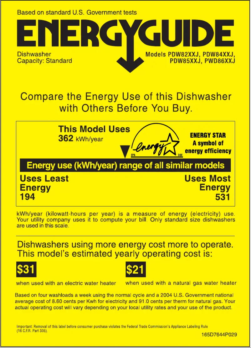 Page 1 de la notice Label énergétique GE Profile PDW8500JWW