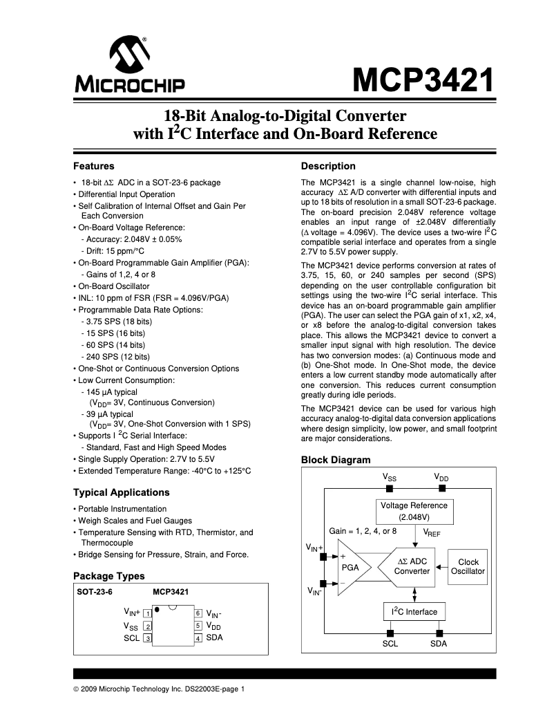 Page 1 de la notice Manuel utilisateur Microchip MCP3421