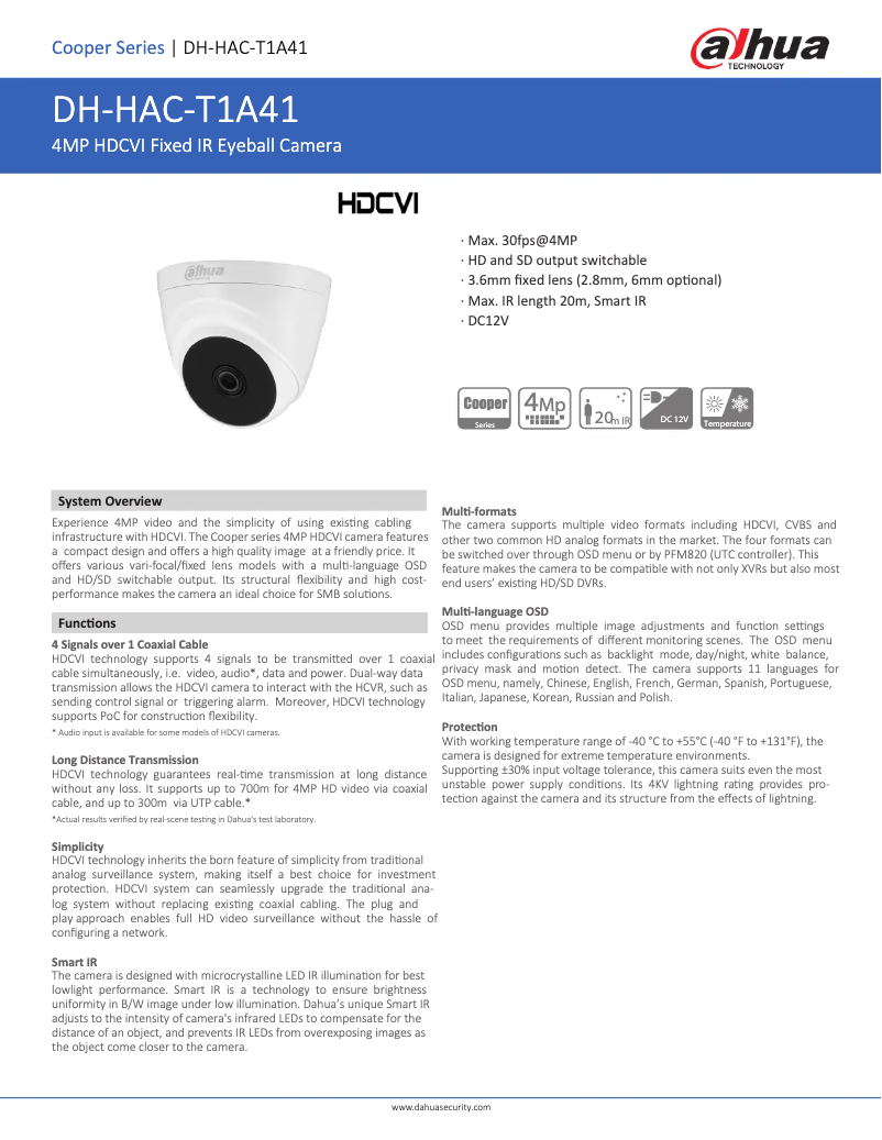Page n°1 - Fiche technique Dahua Technology HAC-T1A41