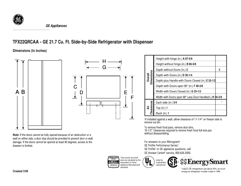 Page n°1 - Fiche technique GE TFX22QRCAA