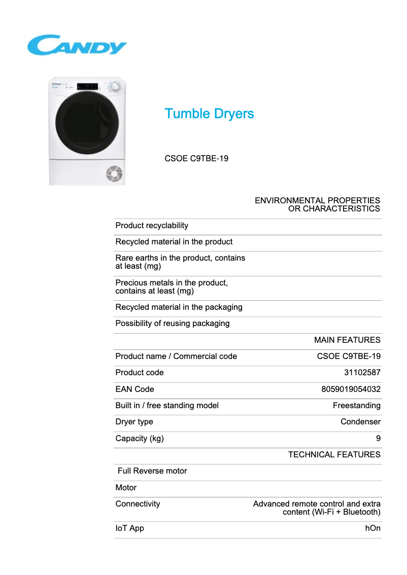 Page 1 de la notice Fiche technique Candy CSOE C9TBE-19
