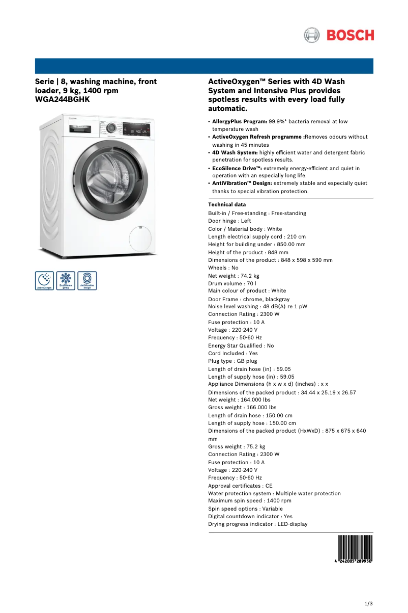 Page 1 de la notice Fiche technique Bosch WGA244BGHK
