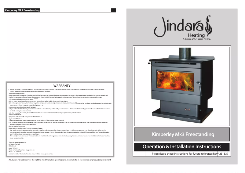 Page 1 de la notice Manuel utilisateur Jindara Kimberley Mk3 Freestanding
