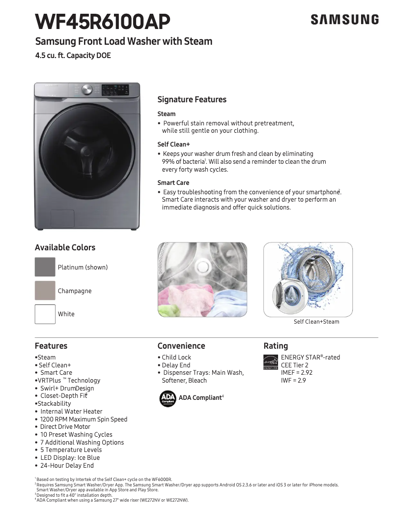 Página 1 del manual Ficha técnica Samsung WF45R6100AP