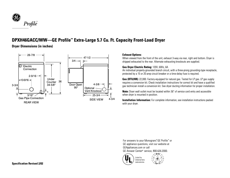 Page n°1 - Fiche technique GE Profile DPXH46GACC