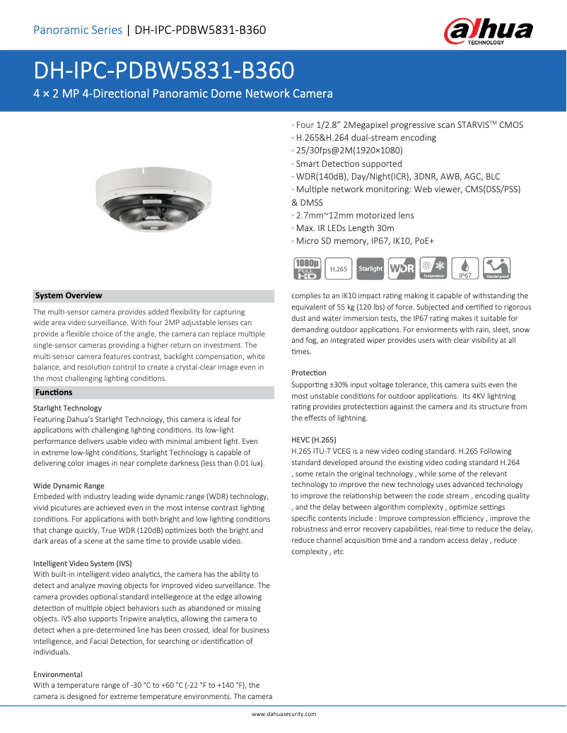 Page n°1 - Fiche technique Dahua Technology IPC-PDBW5831-B360