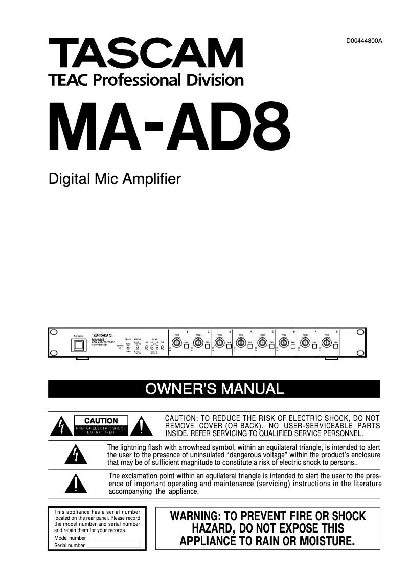 Page n°1 - Manuel utilisateur Tascam MA-AD8