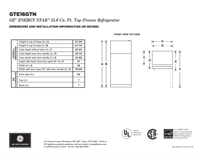 Page 1 de la notice Fiche technique GE GTE16GTNRWW