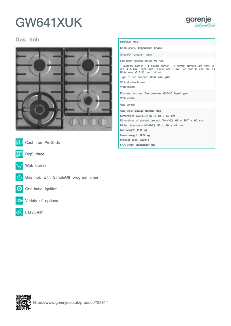 Page n°1 - Fiche technique Gorenje GW641XUK