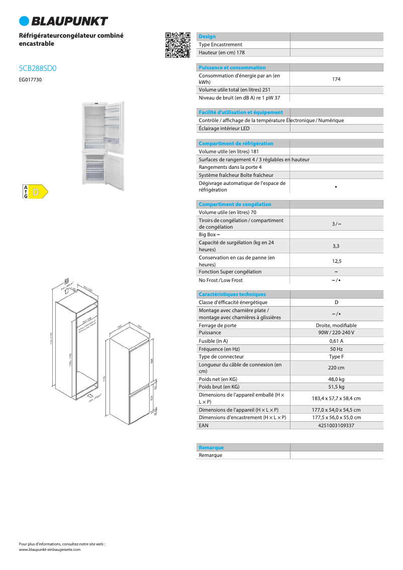 Page n°1 - Fiche technique Blaupunkt 5CB288SD0