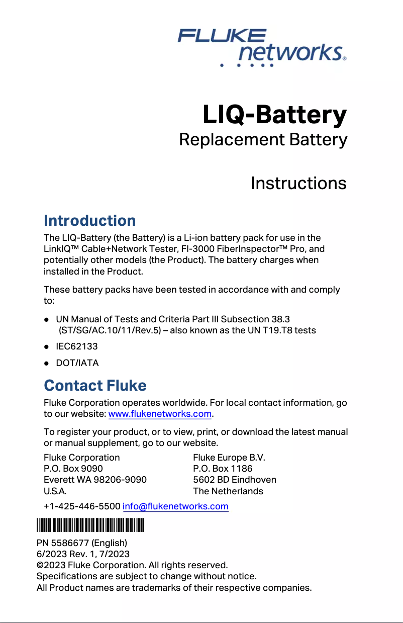 Page n°1 - Instructions / montage Fluke FiberInspector Networks FI-3000