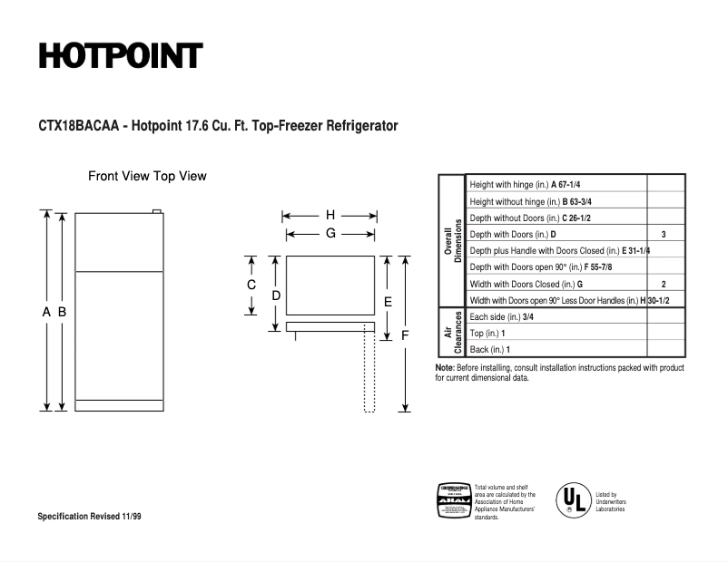 Page 1 de la notice Fiche technique Hotpoint CTX18BACAA