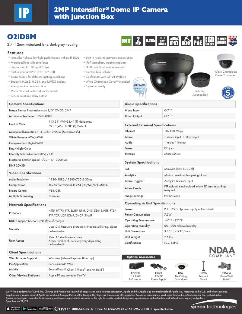 Page 1 de la notice Fiche technique Speco Technologies Intensifier O2ID8M