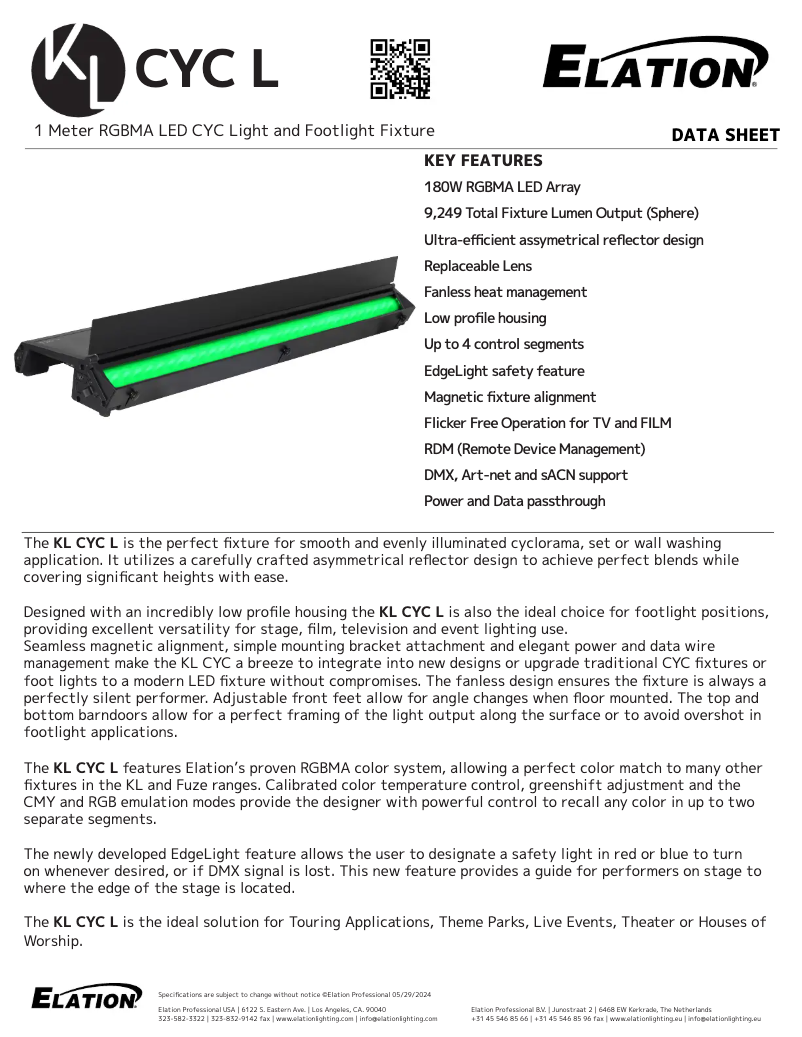 Page 1 de la notice Fiche technique Elation KL Cyc L