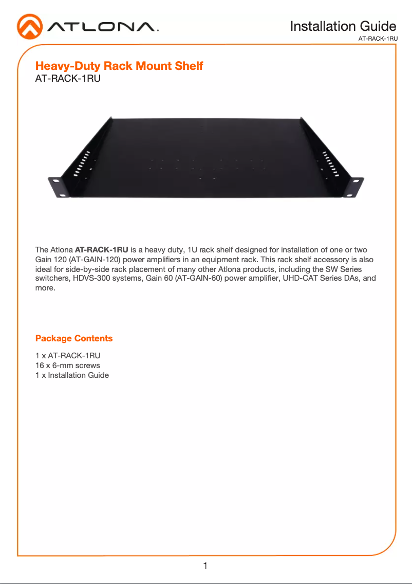 Page 1 de la notice Manuel utilisateur Atlona AT-RACK-1RU