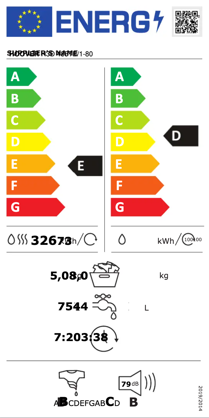 Page n°1 - Label énergétique Hoover H-WASH 300 LITE H3D 485TE/1-80